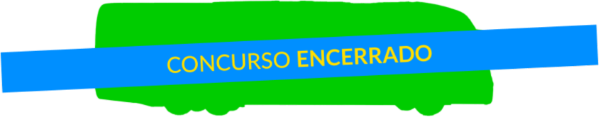 CONCURSO ENCERRADO Um ônibus modelo g8 da Águia Branca desenhado em forma de rabiscos de giz de cera na cor verde limão,com uma faixa azul em cima escrito CONCURSO ENCERRADO